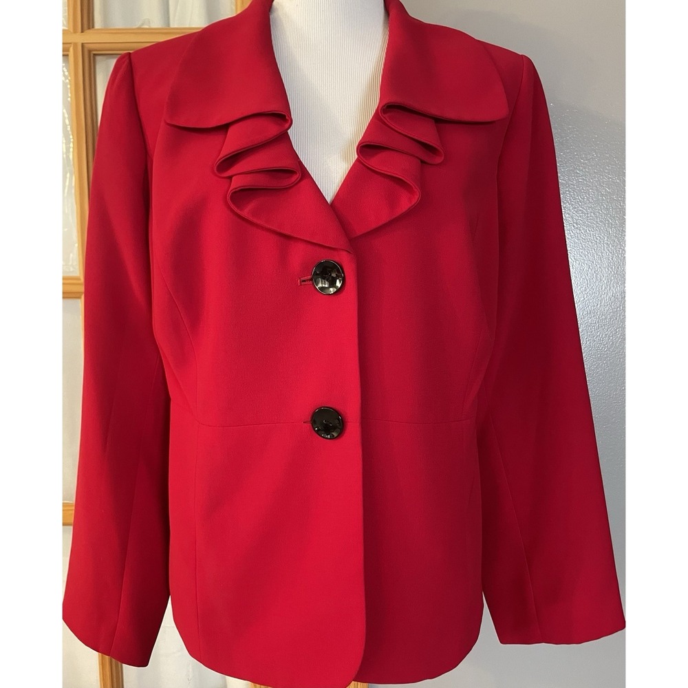 Jones Studio Ruffled Collar Blazer Jacket Womens 14W Red 2-Button Front Career